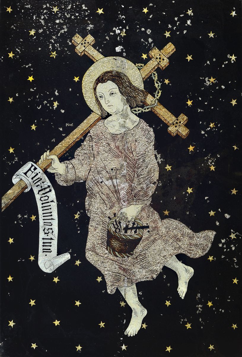 Votivbild, süddeutsch, um 1890-1900, Fiat voluntas tua (Dein Wille geschehe), gold- und silberfarbenes Papier auf Hinterglasmalerei, Spiegelfolie ...