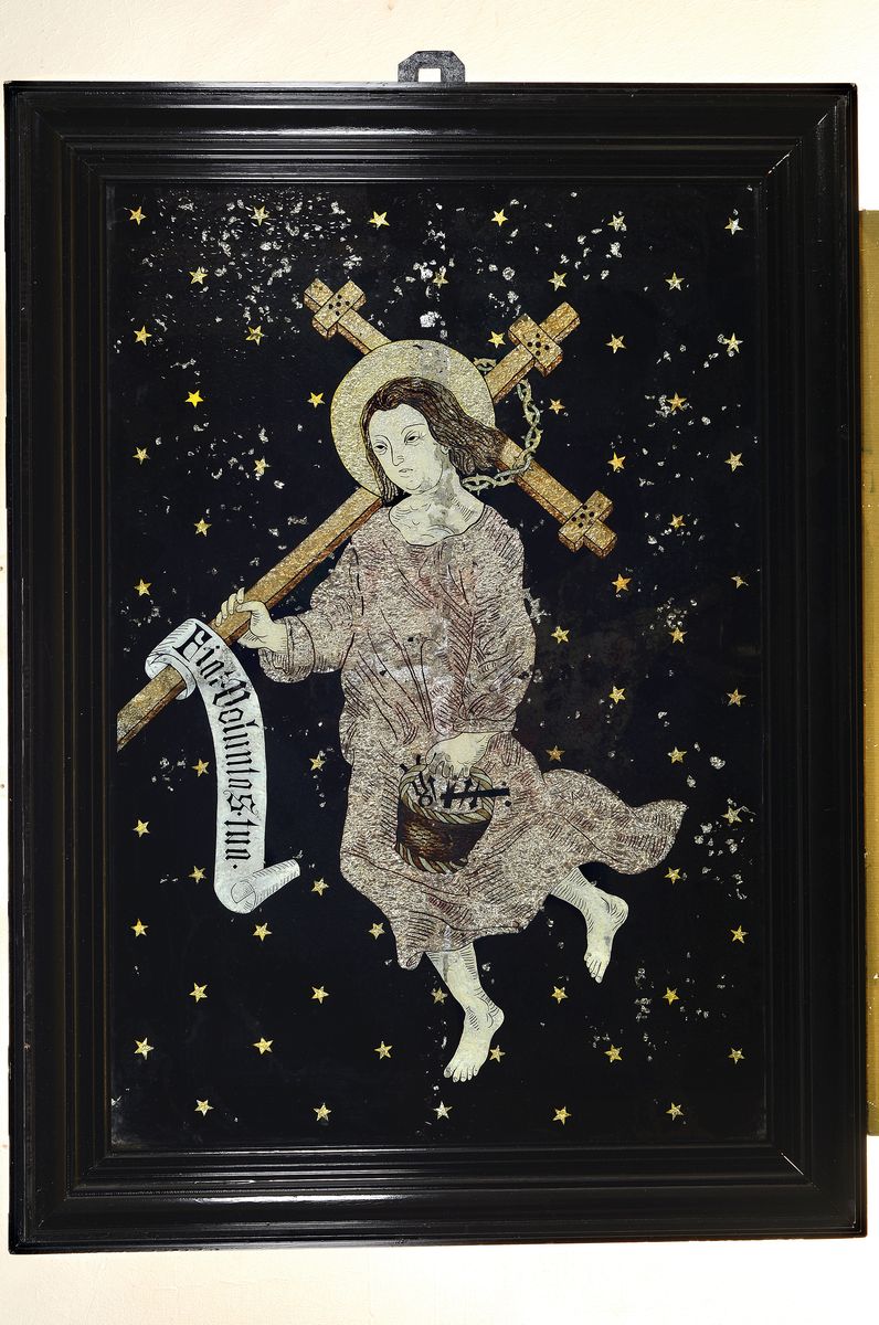 Detail k: Votivbild, süddeutsch, um 1890-1900, Fiat voluntas tua (Dein Wille geschehe), gold- und silberfarbenes Papier auf Hinterglasmalerei, Spiegelfolie ...