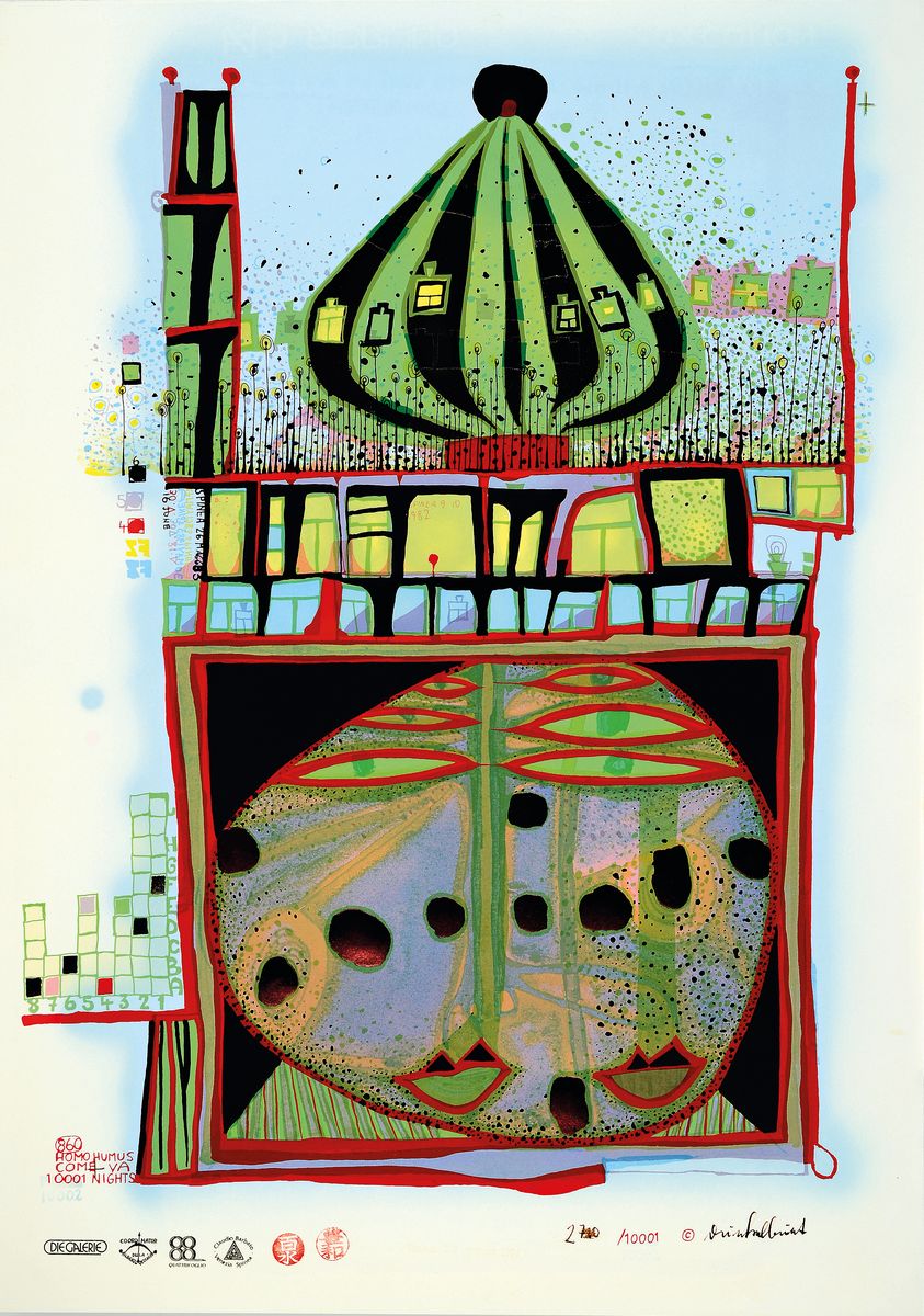 Friedensreich Hundertwasser, 1928-2000, 10002 Nights Homo Hummus, sign., num. leicht verwischt, ca. 69x70 cm