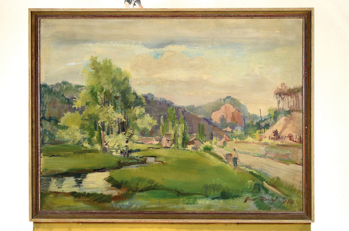 Detail k: Hanns Fay, 1888 Frankenthal - 1957 Neustadt, Pfälzer Landschaft, wohl Dahner Felsenland, vordergründig Bauer mit Schubkarre, rechts unten signiert ...