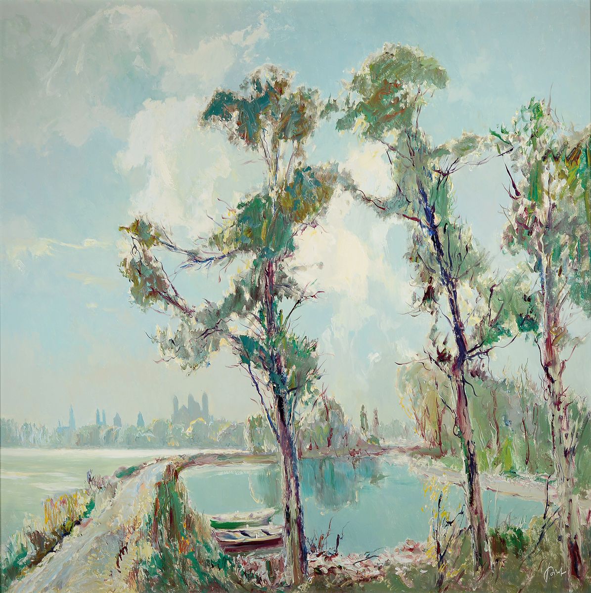 Karl Graf, 1902 - 1986 Speyer, Blick über den Rhein auf die Stadtsilhouette von Speyer, Altrhein mit zwei Ruderbooten, rechts unten signiert, ...