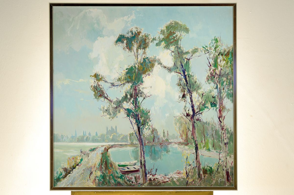 Detail k: Karl Graf, 1902 - 1986 Speyer, Blick über den Rhein auf die Stadtsilhouette von Speyer, Altrhein mit zwei Ruderbooten, rechts unten signiert, ...
