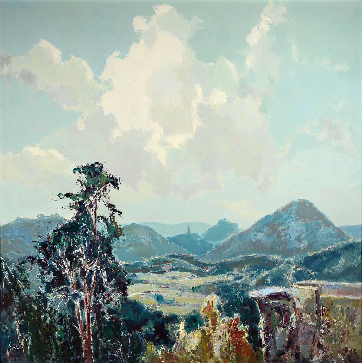Karl Graf, 1902 - 1986 Speyer, Blick vom Lindelbrunn nach dem Trifels, links unten signiert, Öl/Malkarton, verso bez. und dat. 1981, orig. ...