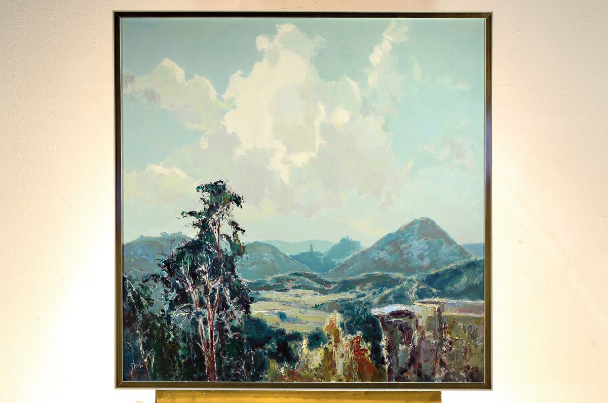 Detail k: Karl Graf, 1902 - 1986 Speyer, Blick vom Lindelbrunn nach dem Trifels, links unten signiert, Öl/Malkarton, verso bez. und dat. 1981, orig. ...