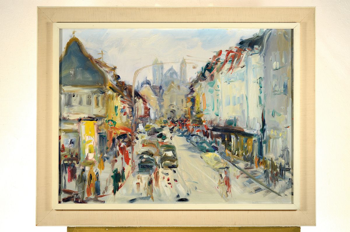 Detail k: Georg Günther Zeuner, 1923 Dresden - 2011 Speyer, Ansicht der "Hauptstraße in Speyer" so verso bez., Blick auf die Kulisse des Doms, ...