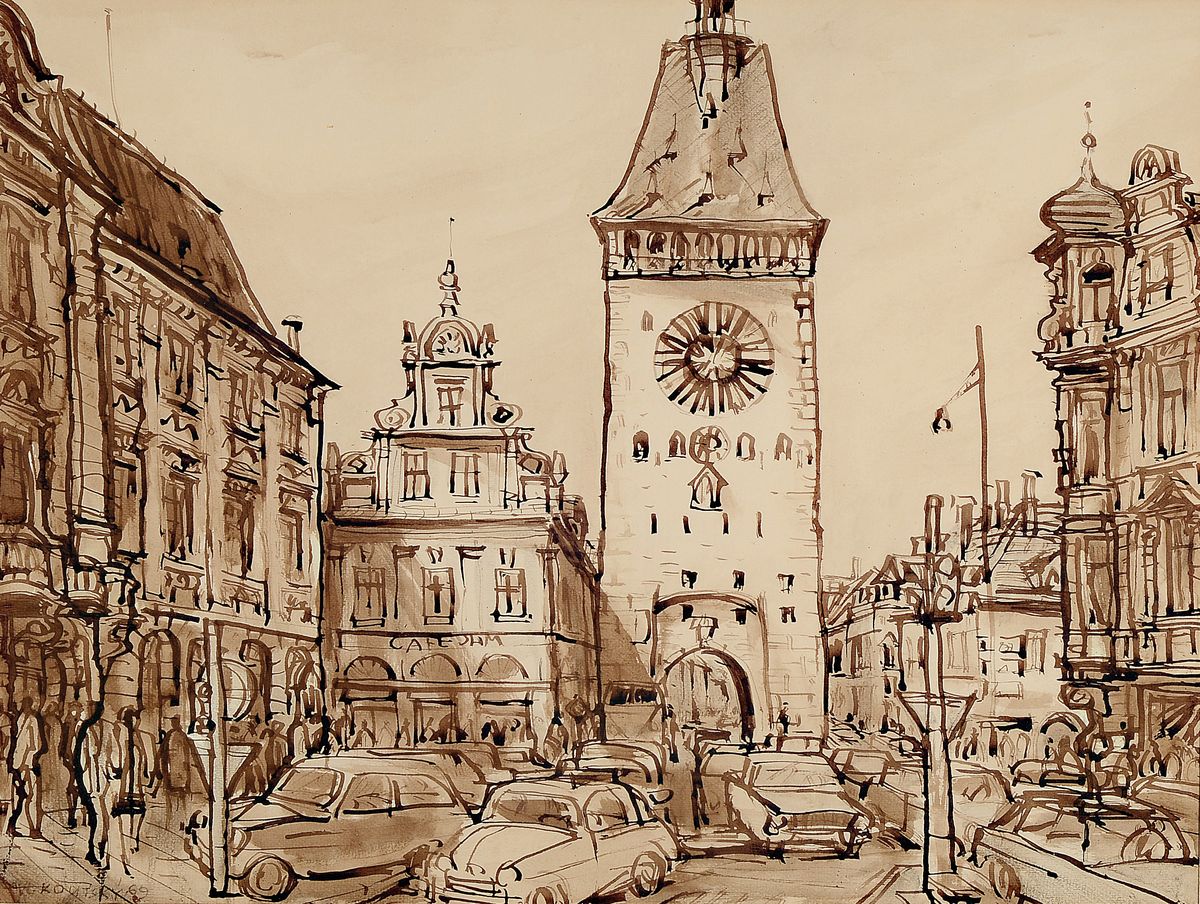 Vaclav Koutsky, 1907 Budweis - 1980 Prag, belebte Straßenszene aus Speyer, Blick auf dasAltpörtel, links unten signiert und datiert 1969, ...