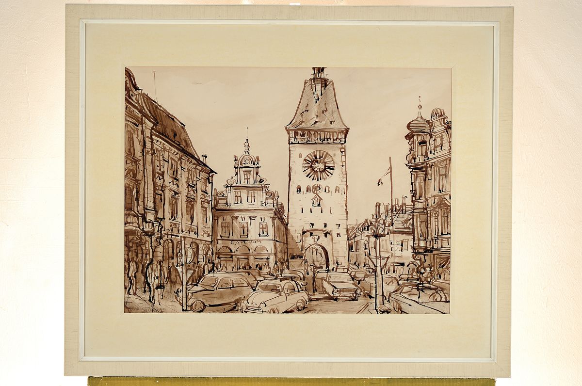 Detail k: Vaclav Koutsky, 1907 Budweis - 1980 Prag, belebte Straßenszene aus Speyer, Blick auf dasAltpörtel, links unten signiert und datiert 1969, ...