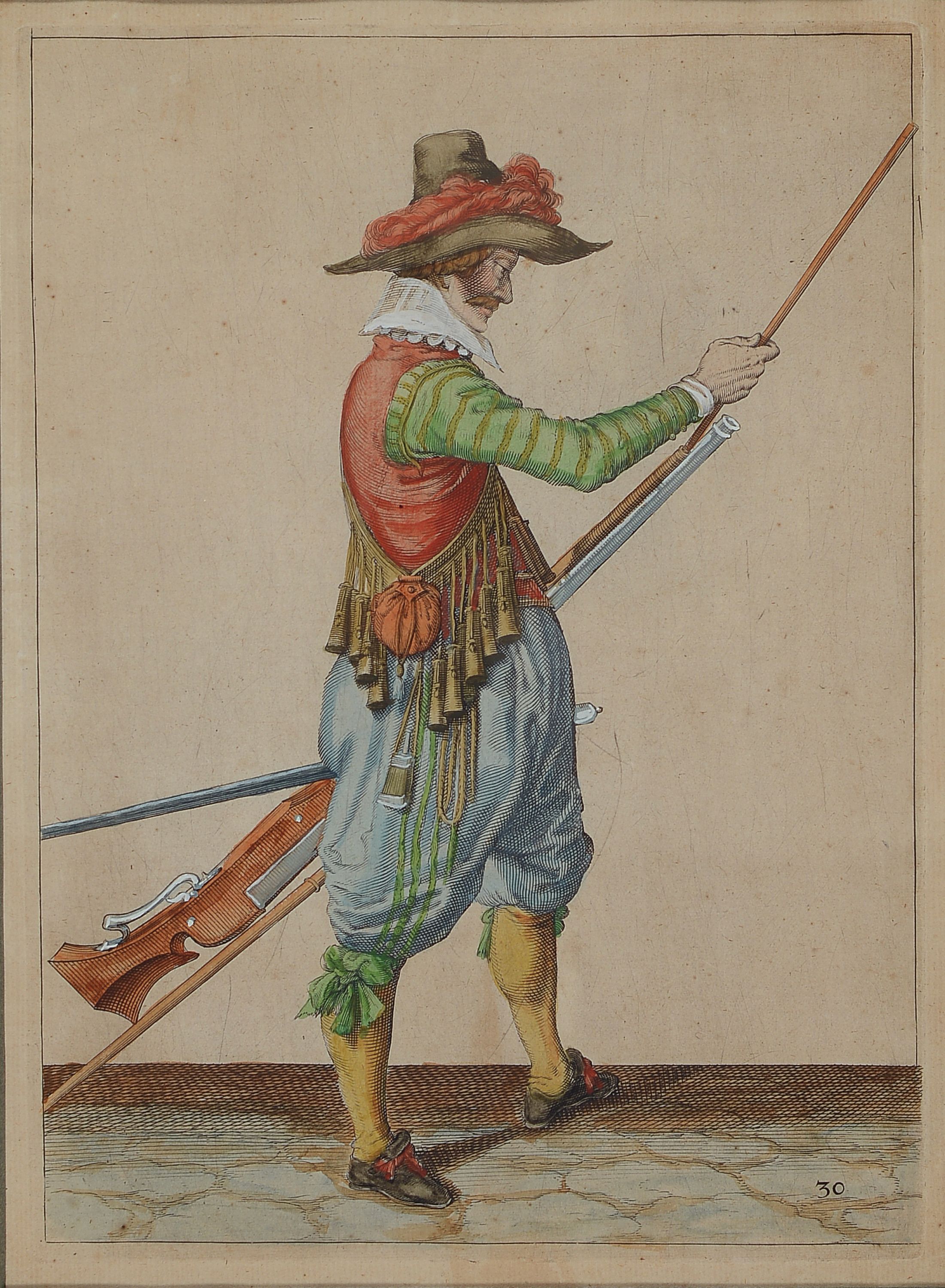 Detail b: Jacques II de Gheyn, 1565 Antwerpen-1629 Den Haag, Lehre in der Werkstatt Hendrick Goltzius, hier: Drei Kupferstiche aus der Serie der 43 Musketiere ...