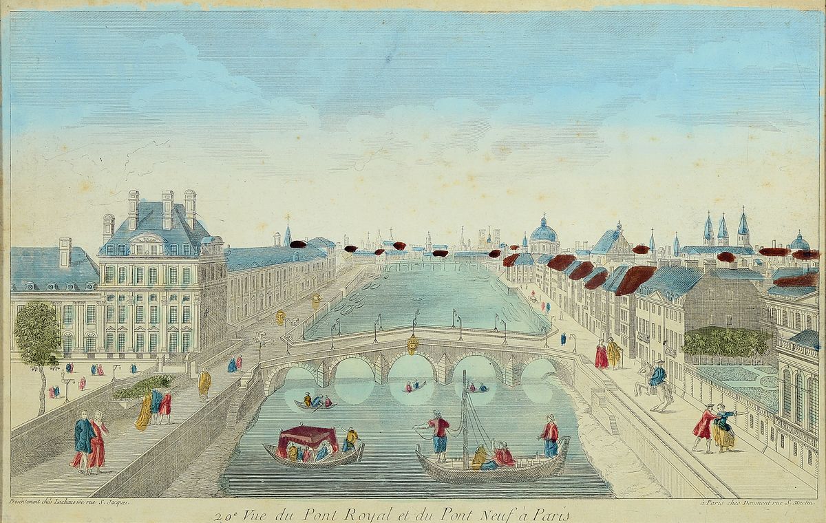 Detail a: Konvolut aus 4 Guckkastenbildern, Frankreich, 18.Jh., Kupferstiche, altkoloriert, 4 Ansichten aus Paris: Les Thuilleries du Cote du Jardin et le Pont ...