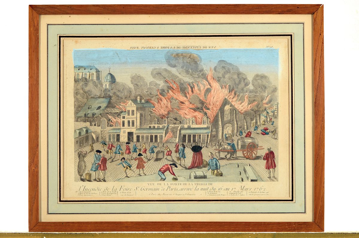 Detail k: Konvolut aus 4 Guckkastenbildern, Frankreich, 18.Jh., Kupferstiche, altkoloriert, 4 Ansichten aus Paris: Les Thuilleries du Cote du Jardin et le Pont ...