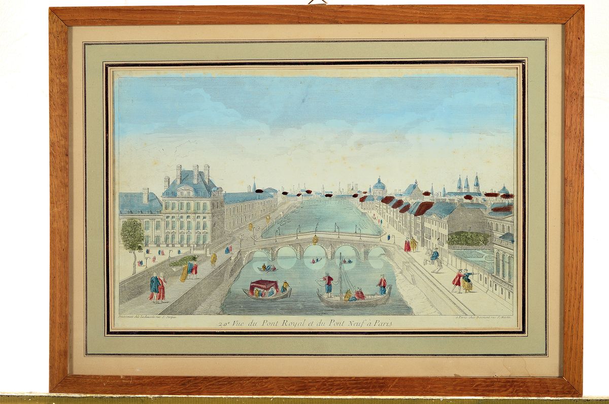 Detail l: Konvolut aus 4 Guckkastenbildern, Frankreich, 18.Jh., Kupferstiche, altkoloriert, 4 Ansichten aus Paris: Les Thuilleries du Cote du Jardin et le Pont ...