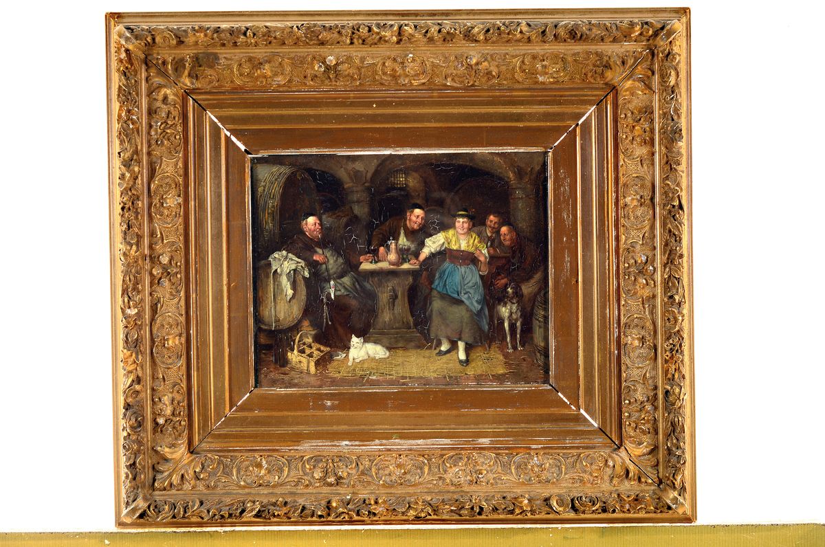 Detail k: Johann Adalbert Heine, Münchener Maler, um 1850-1900, Fröhliche Gesellschaft im Klosterkeller, Öl/Holz, signiert und bez. München, ca. 20x27cm, ...