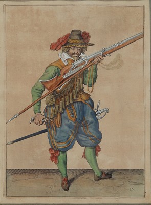 Image 26443143 - Jacques II de Gheyn, 1565 Antwerp-1629 The Hague, apprenticeship in the workshop of Hendrick Goltzius, here: three copper engravings from the series of the 43 musketeers (around 1608), colored later, browned, framed under passepartout and glass, each approx. 43x35cm