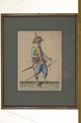 26443143l - Jacques II de Gheyn, 1565 Antwerp-1629 The Hague, apprenticeship in the workshop of Hendrick Goltzius, here: three copper engravings from the series of the 43 musketeers (around 1608), colored later, browned, framed under passepartout and glass, each approx. 43x35cm