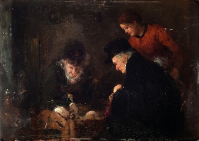 Image 26443203 - Unknown artist, English school, around 1830- 40, the relatives marvel at the child in the cradle, oil/wood, approx. 22x31cm, rest.