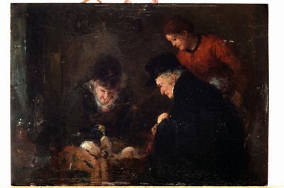 26443203k - Unknown artist, English school, around 1830- 40, the relatives marvel at the child in the cradle, oil/wood, approx. 22x31cm, rest.