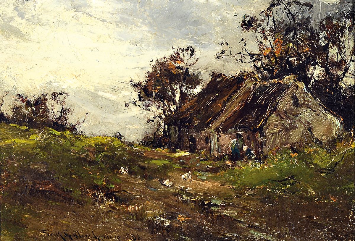 Frank Spenlove Spenlove, 1864-1933, Landschaft mit Bauernkate, Öl/Malkarton, links unten signiert, ca. 17x25cm, R. ca. 33x40cm
