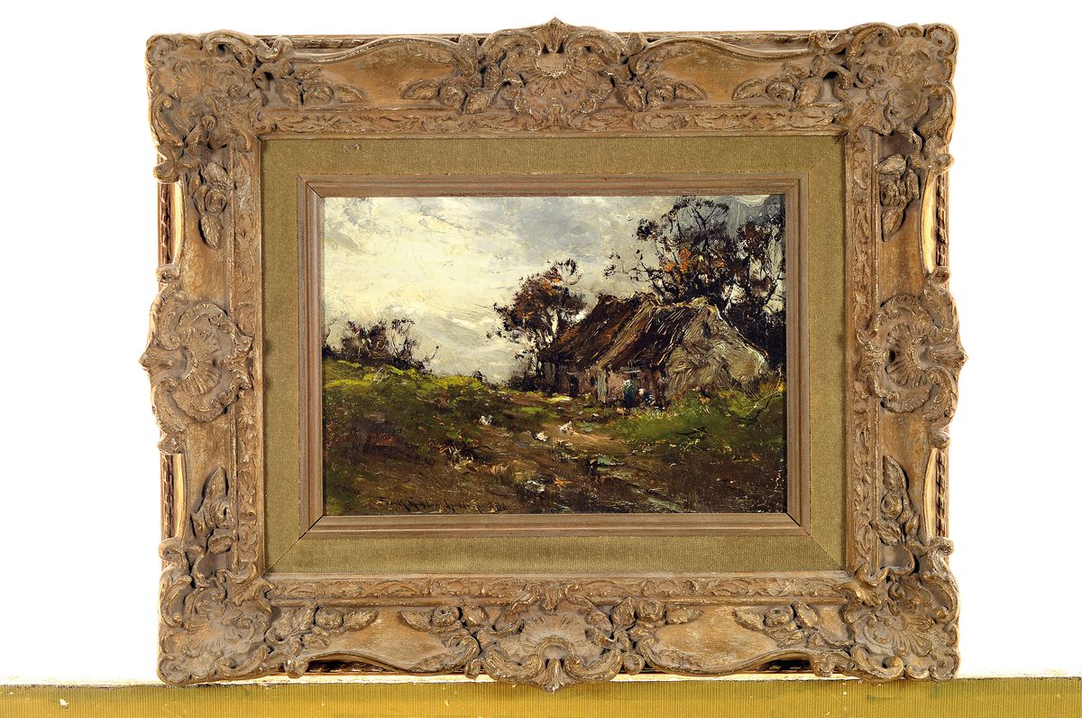 Detail k: Frank Spenlove Spenlove, 1864-1933, Landschaft mit Bauernkate, Öl/Malkarton, links unten signiert, ca. 17x25cm, R. ca. 33x40cm