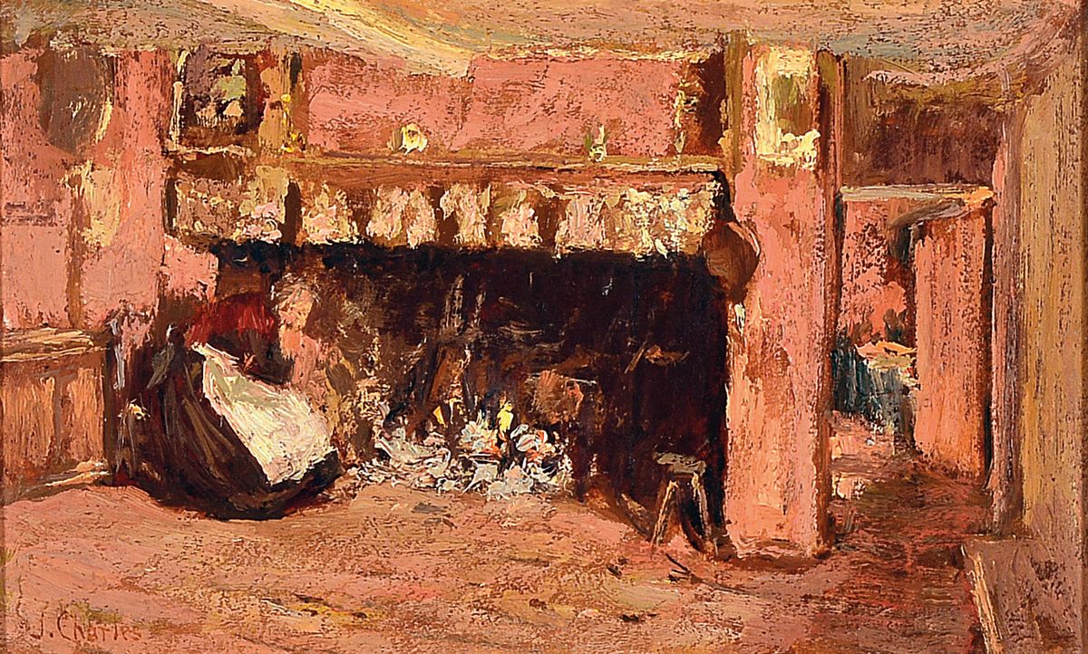 James Charles, 1851-1906, Kücheninterieur mit Frau vor dem Feuer, impressionistische Malweise, Öl/Holz, links unten signiert, ca. 15x26cm, ...