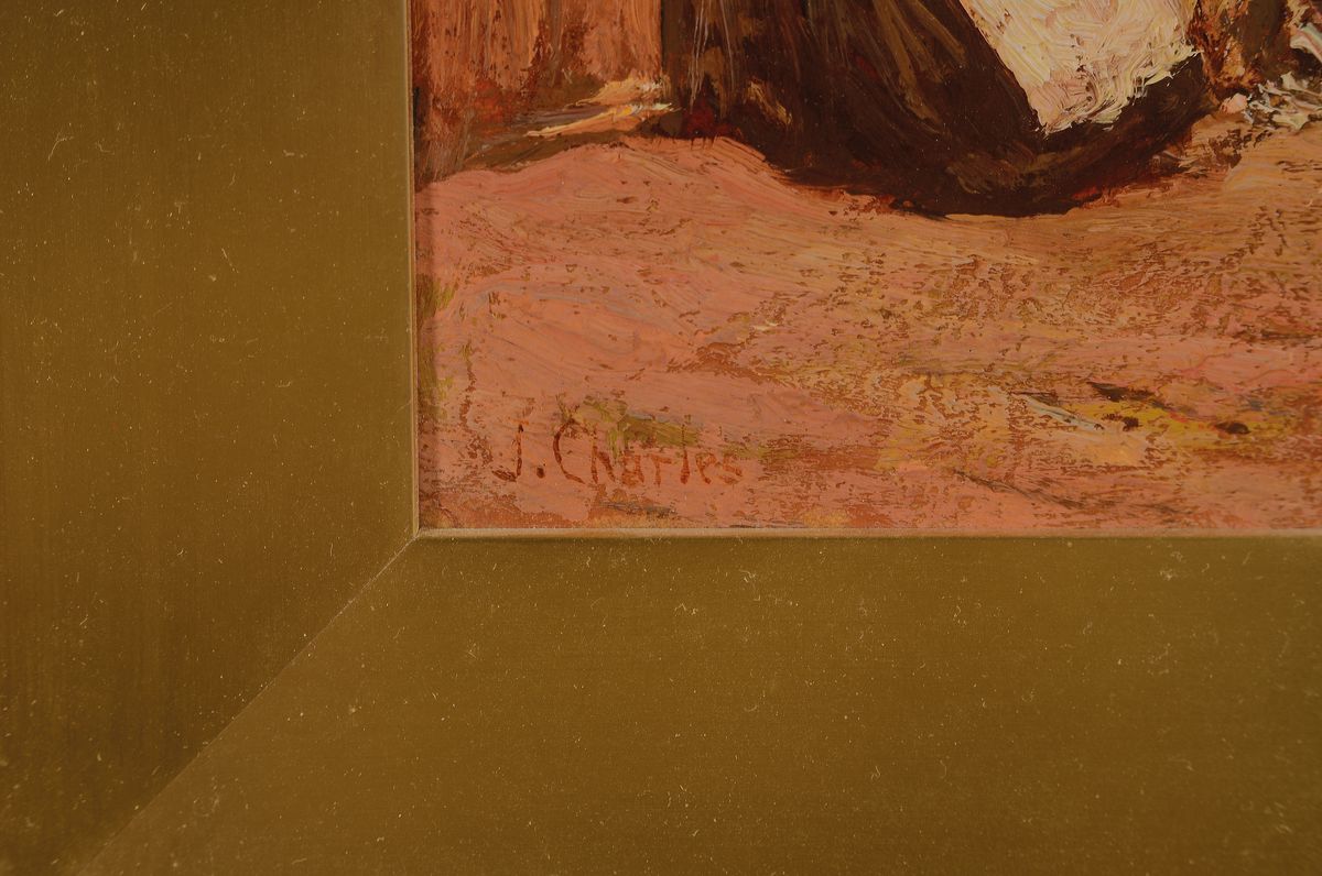 Detail a: James Charles, 1851-1906, Kücheninterieur mit Frau vor dem Feuer, impressionistische Malweise, Öl/Holz, links unten signiert, ca. 15x26cm, ...