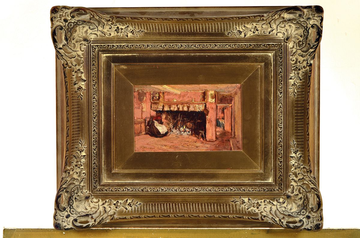 Detail k: James Charles, 1851-1906, Kücheninterieur mit Frau vor dem Feuer, impressionistische Malweise, Öl/Holz, links unten signiert, ca. 15x26cm, ...