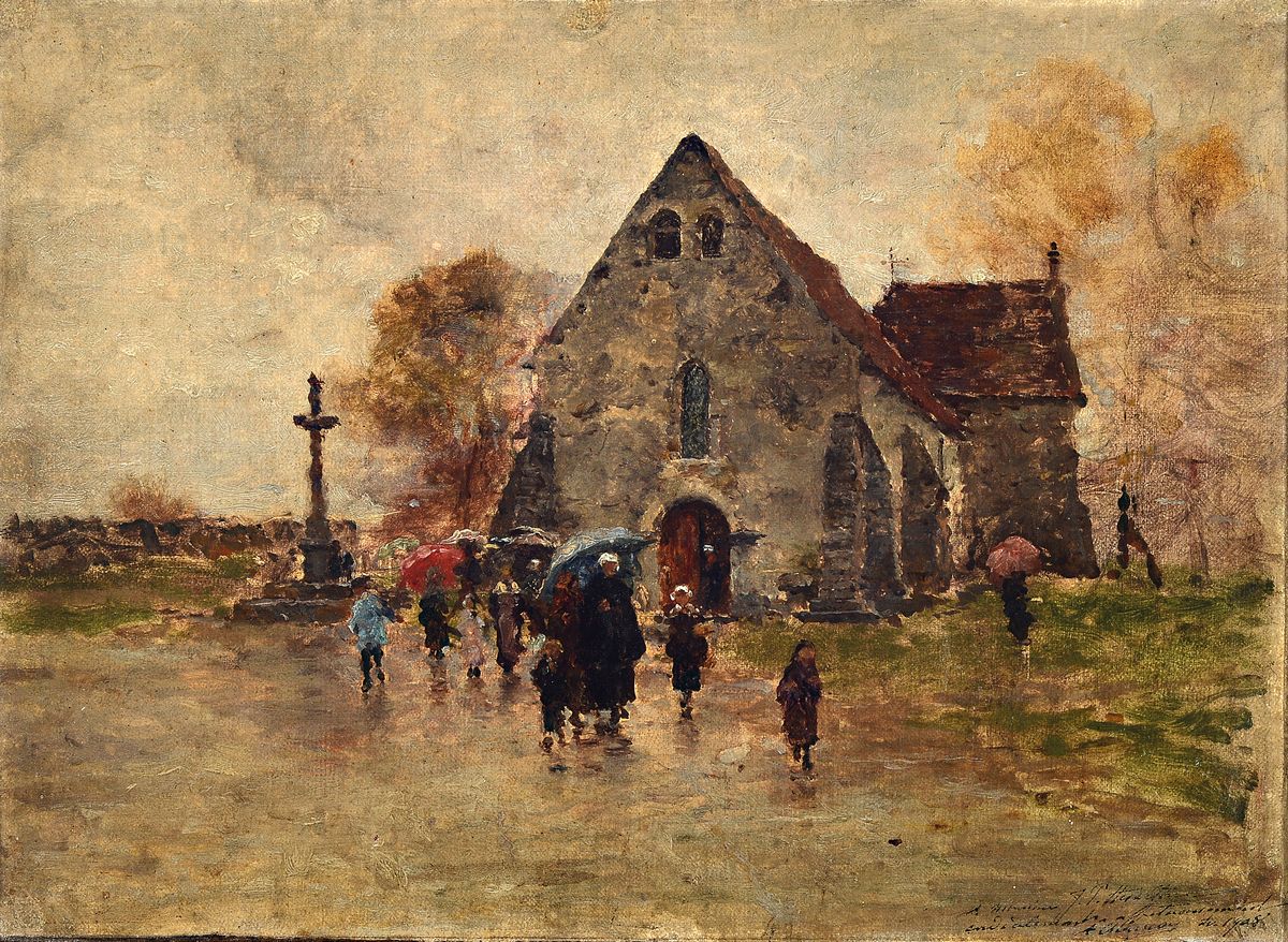 Amy B. Atkinson, 1859-1916, Nach dem Kirchgang, Personen verlassen die Kirche bei regnerischem Wetter, ÖL/Lwd, rechts unten beschriftet und ...