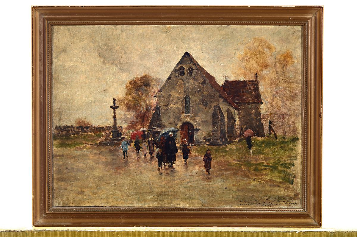 Detail k: Amy B. Atkinson, 1859-1916, Nach dem Kirchgang, Personen verlassen die Kirche bei regnerischem Wetter, ÖL/Lwd, rechts unten beschriftet und ...