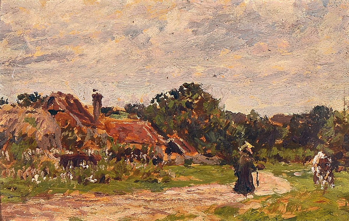 Zuschreibung: James Charles, 1851-1906, Wandersmann vor dem Dorf, Öl/Malkarton, unsigniert, ca. 15x24cm, R. ca. 43x52cm, auf dem Rahmen bez.: J. ...