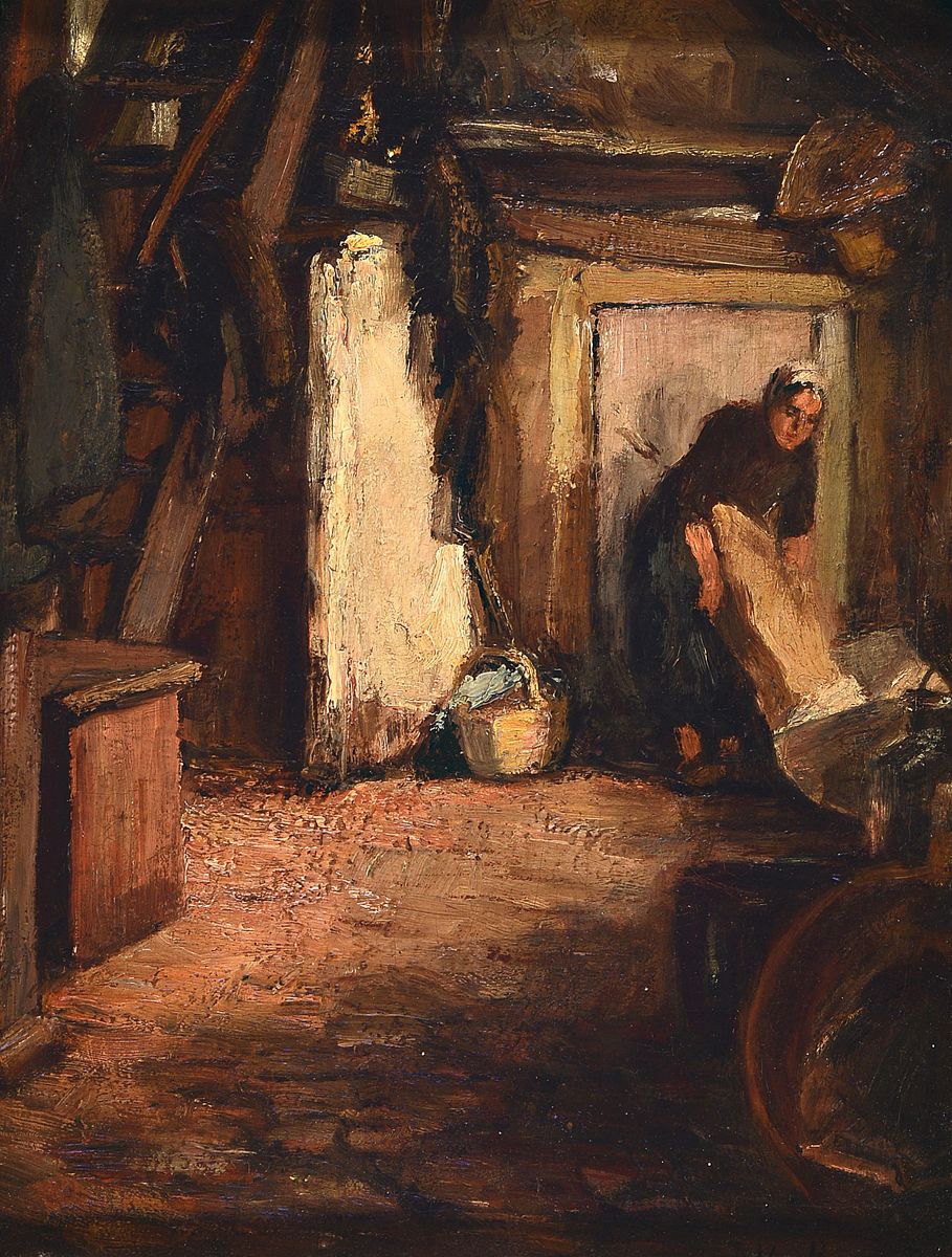van Kempen o.ä., Malerei um 1900, Interieur, Frau im Stall, Öl/Lwd, rechts unten signiert, ca. 47x38cm, R. ca. 64x54cm