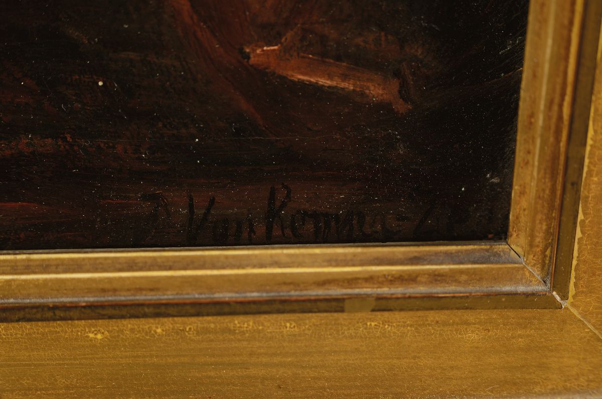 Detail a: van Kempen o.ä., Malerei um 1900, Interieur, Frau im Stall, Öl/Lwd, rechts unten signiert, ca. 47x38cm, R. ca. 64x54cm