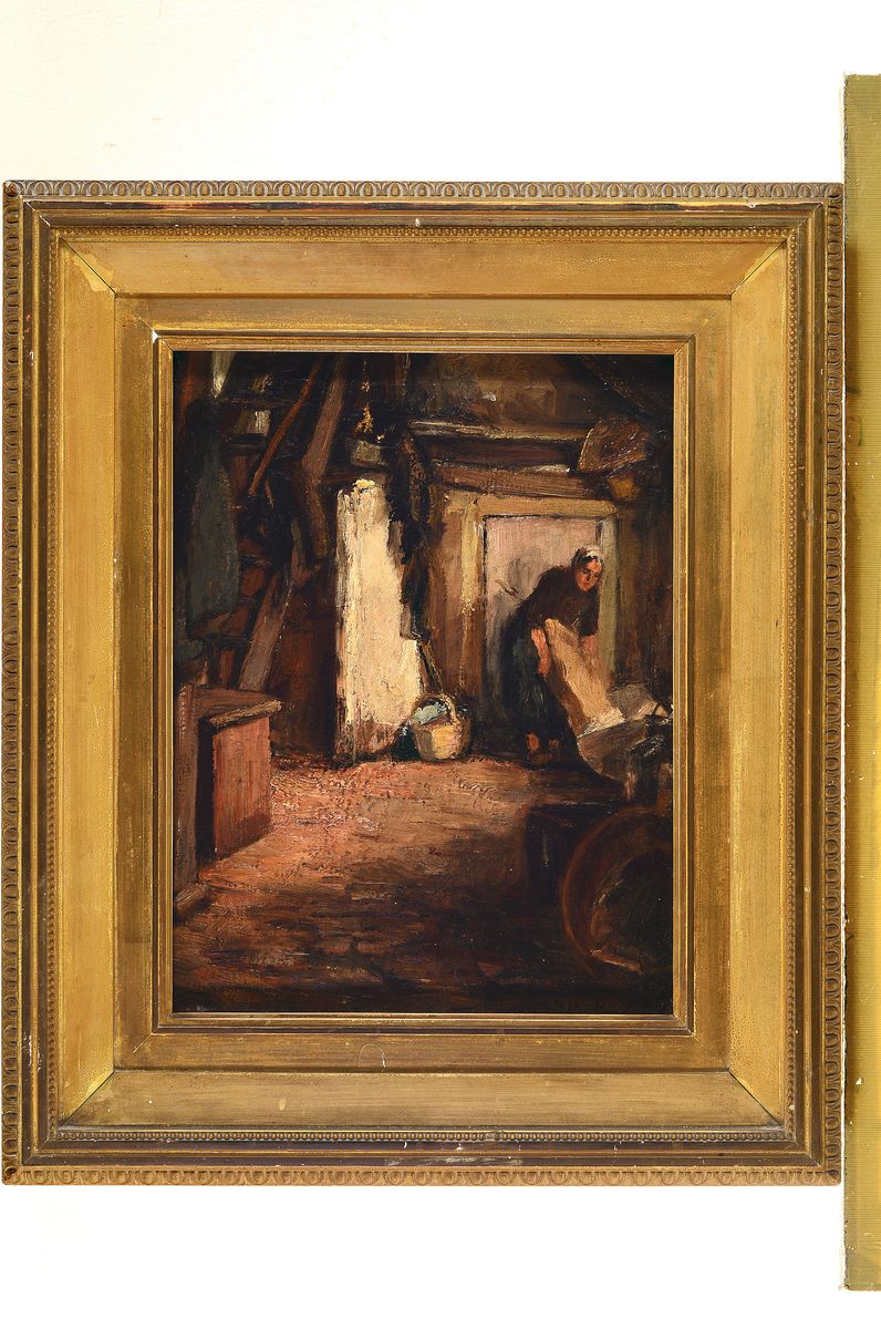 Detail k: van Kempen o.ä., Malerei um 1900, Interieur, Frau im Stall, Öl/Lwd, rechts unten signiert, ca. 47x38cm, R. ca. 64x54cm