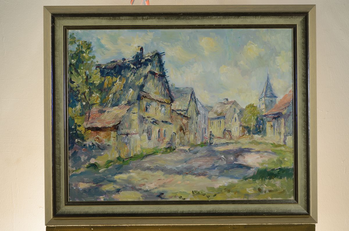 Detail k: Unbekannter Maler der 1970er/1980er Jahre, elsässische Dorflandschaft mi Personen, öl/Lwd, unsigniert, impressionistische Malweise, ca. 50x65cm, R. ...
