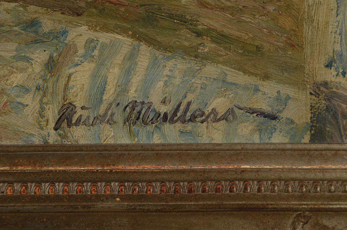 Detail a: Rudi Müllers, 1895 München-1972 Heidelberg, Studium an den Akademien München und Leipzig, lebte bis 1945 in Mannheim, hier: Am Dorfbach, ...