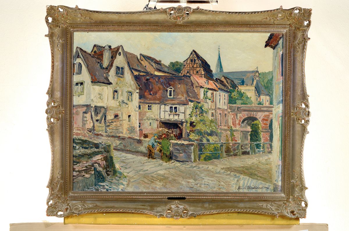 Detail k: Rudi Müllers, 1895 München-1972 Heidelberg, Studium an den Akademien München und Leipzig, lebte bis 1945 in Mannheim, hier: Am Dorfbach, ...