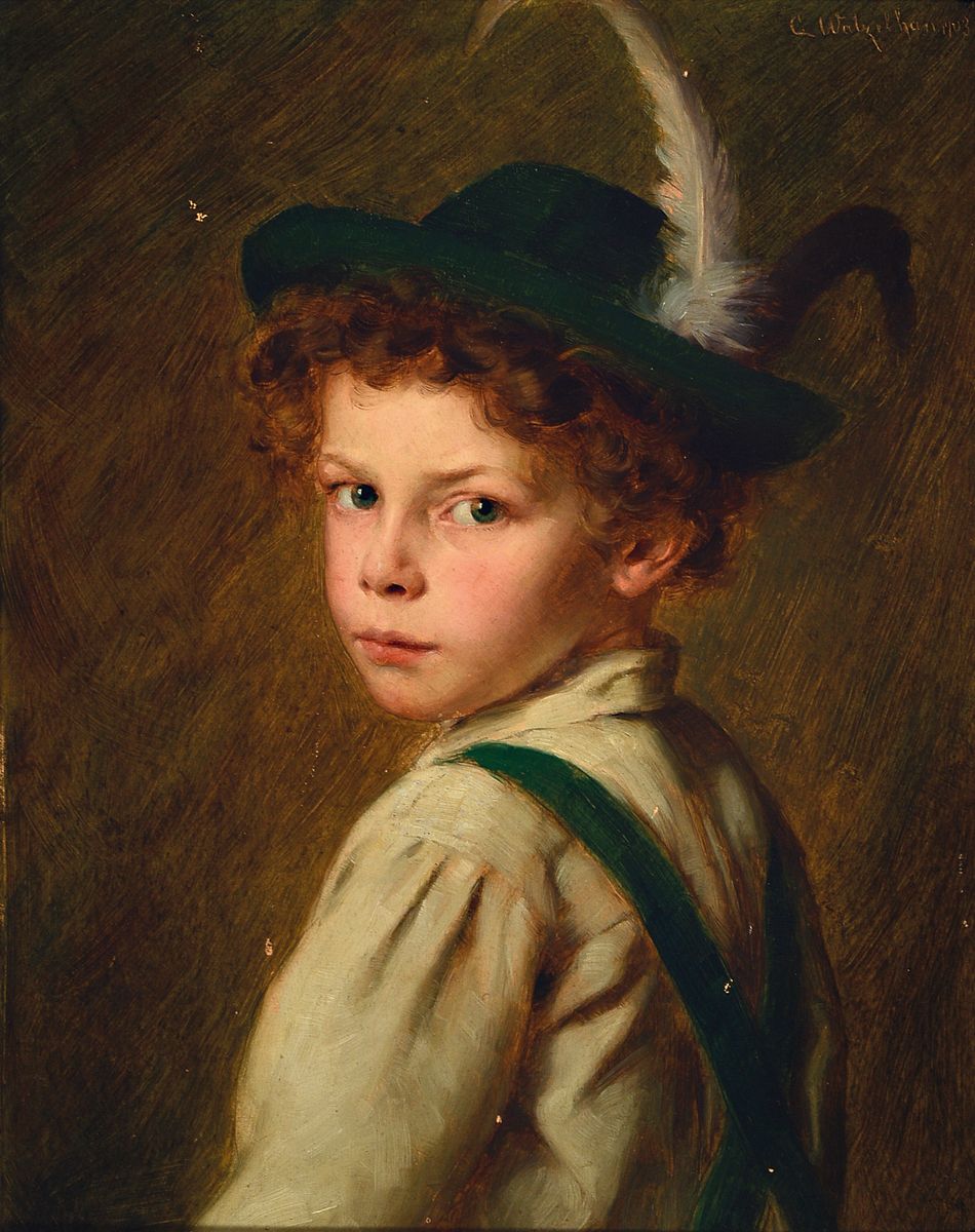 Carl Watzelhan, 1867 Mainz - 1942 Wiesbaden, Studium an der Akademie Düsseldorf, Knabe mitTrachtenhut, wohl der Sohn des Künstlers, um 1900/05, ...