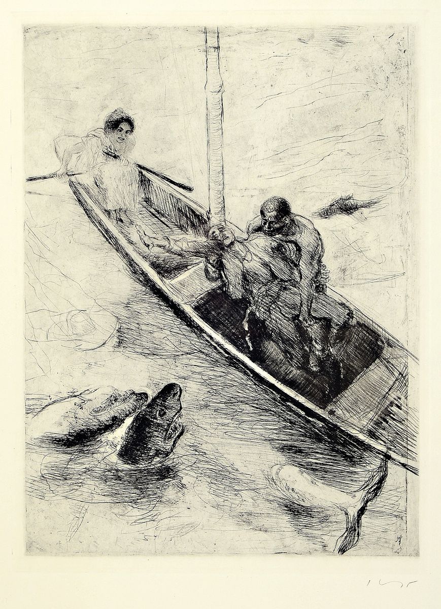 Max Slevogt, 1868 Landshut - 1932 Leinsweiler -Neukastel, Studium an der Akademie München, 2 Grafiken: a. "Im Kahn" aus der Serie ...