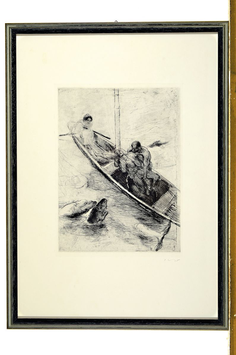Detail k: Max Slevogt, 1868 Landshut - 1932 Leinsweiler -Neukastel, Studium an der Akademie München, 2 Grafiken: a. "Im Kahn" aus der Serie ...