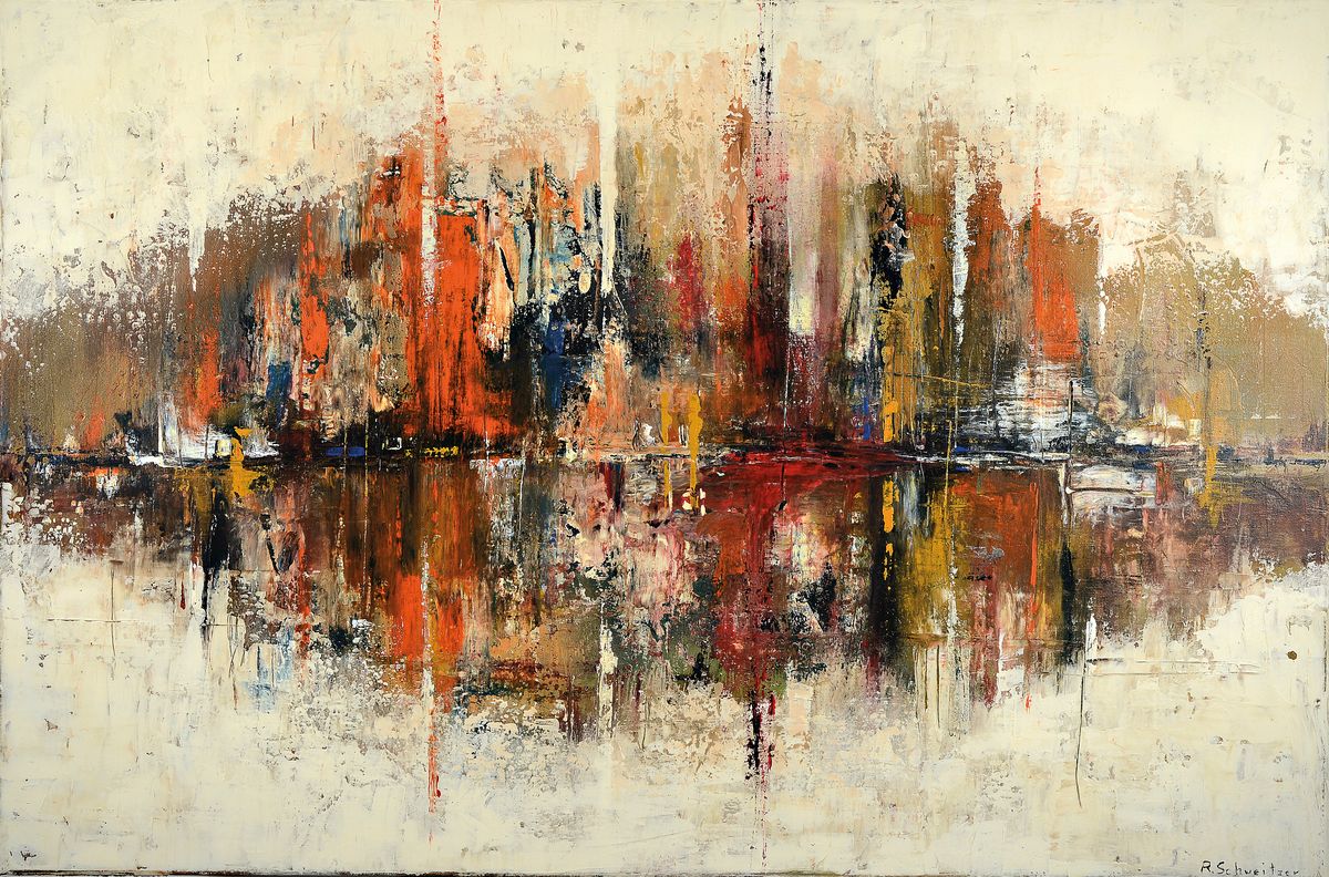 R. Schweitzer, zeitgenössischer Künstler, imWasser spiegelnde Metropole, abstrahiert, rechts unten signiert, Öl/Lwd, 120x80 cm