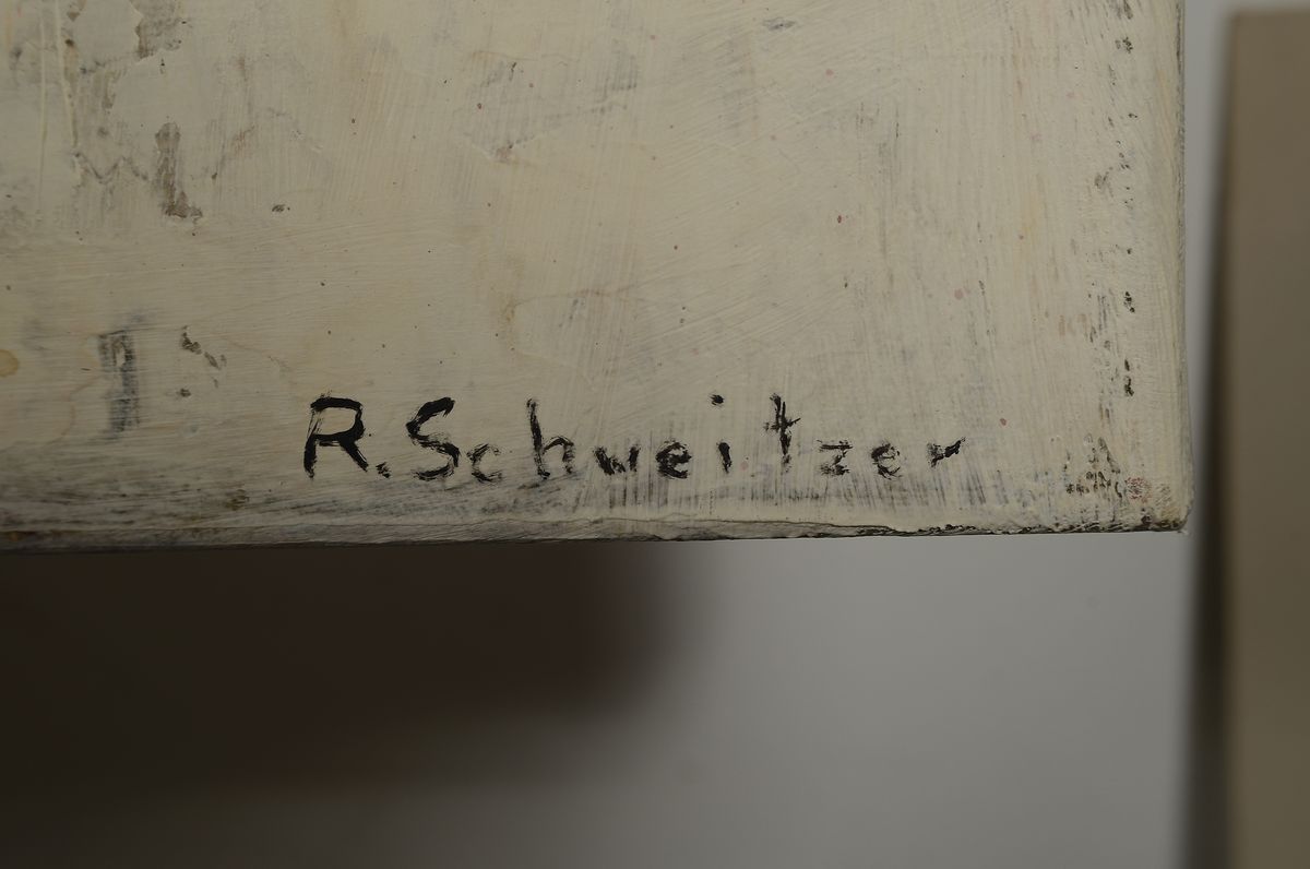 Detail a: R. Schweitzer, zeitgenössischer Künstler, imWasser spiegelnde Metropole, abstrahiert, rechts unten signiert, Öl/Lwd, 120x80 cm