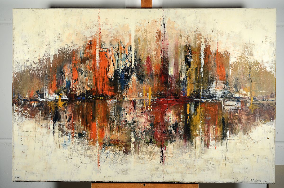 Detail k: R. Schweitzer, zeitgenössischer Künstler, imWasser spiegelnde Metropole, abstrahiert, rechts unten signiert, Öl/Lwd, 120x80 cm