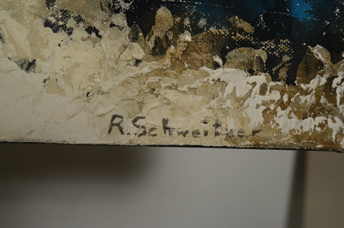 Detail a: R. Schweitzer, zeitgenössischer Künstler, abstrakte Komposition in weiß und blau, elaborierter Materialcharakter, rechts unten signiert, Öl/Lwd, ...