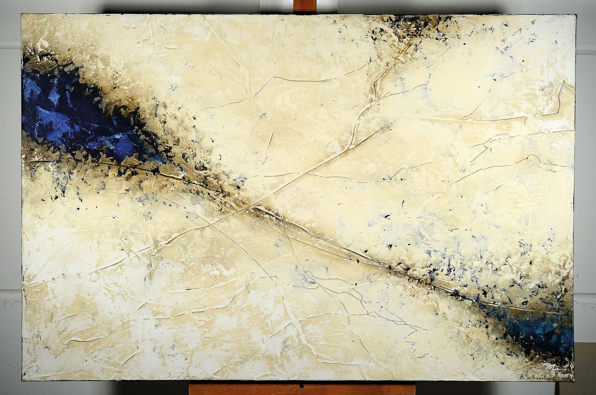 Detail k: R. Schweitzer, zeitgenössischer Künstler, abstrakte Komposition in weiß und blau, elaborierter Materialcharakter, rechts unten signiert, Öl/Lwd, ...