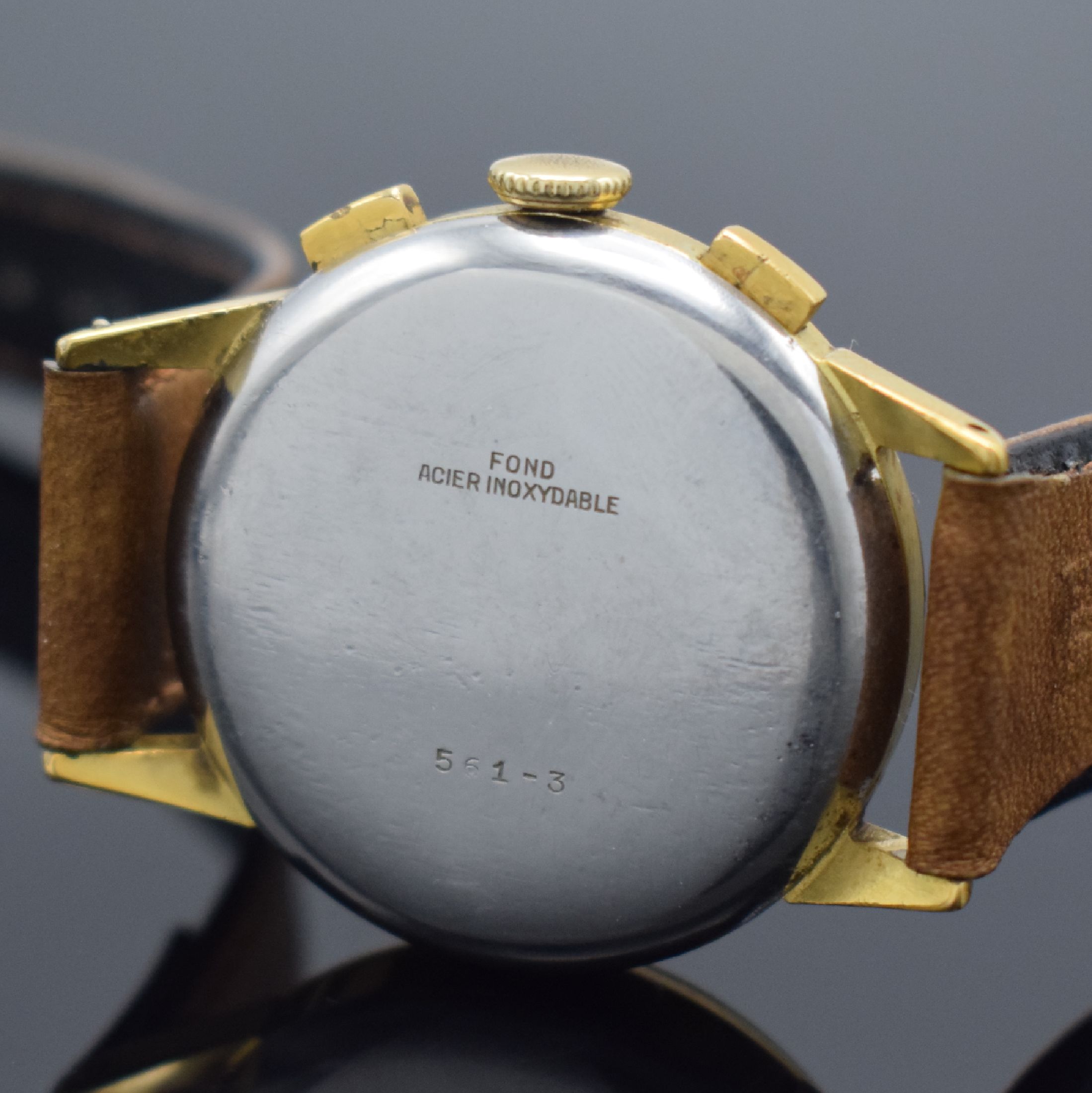 Detail c: LORTON Herrenarmbanduhr mit Chronograph Kaliber Venus 170, Schweiz um 1955, Handaufzug, verg. Geh., Stahlboden aufgedr., silb. Zifferbl. m. arab. ...