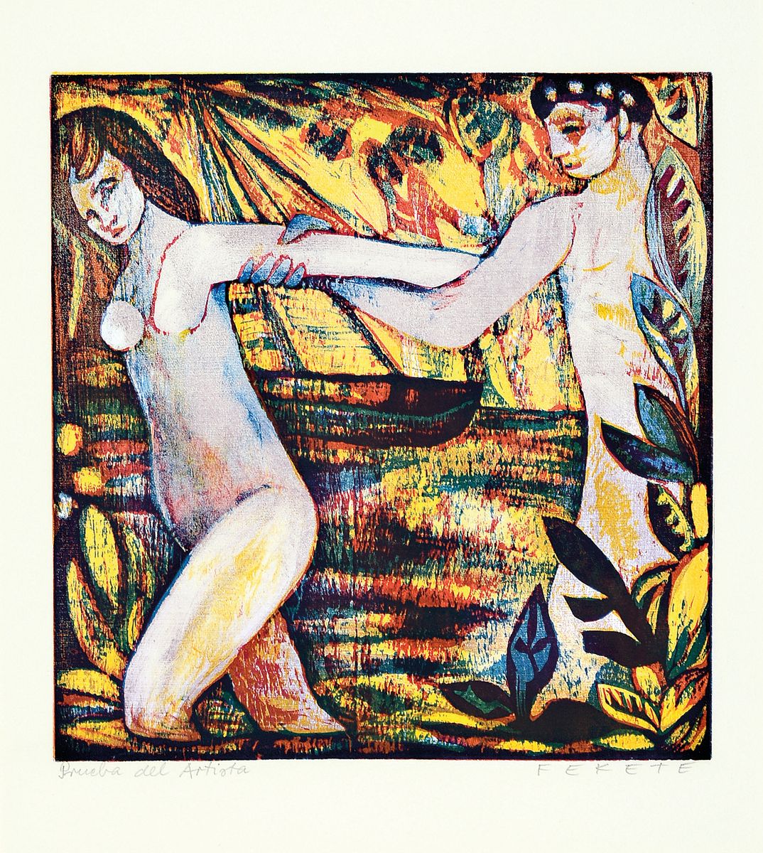 Detail b: Esteban Fekete, 1924 Budapest - 2009 Dieburg , 2 Farbholzschnitte: a. Nacktes Paar am Meer, signiert u. bez. "Pruebo del Artista ...