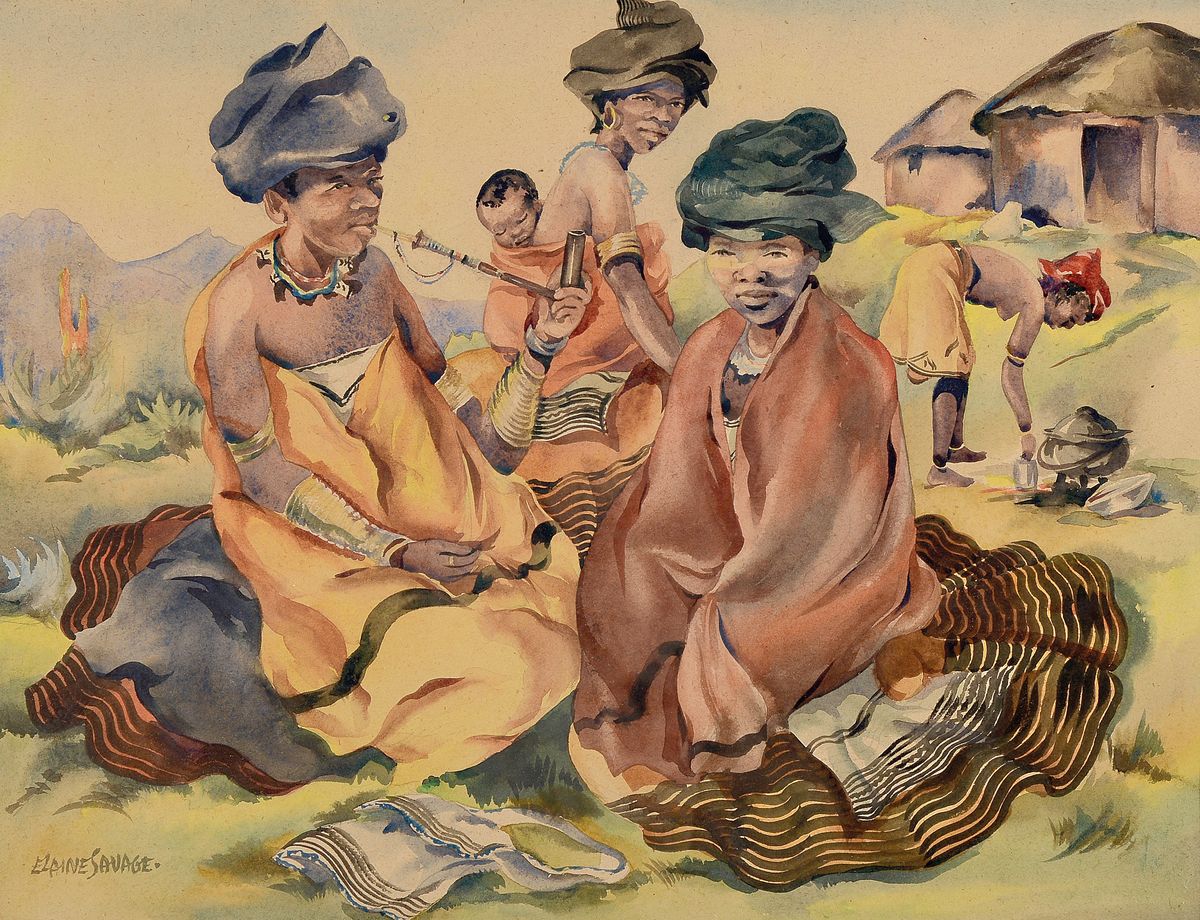 Elaine Savage, 1902, Aquarell, Gruppe von Frauen, wohl des afrikanischen Xhosa-Volkes, in traditioneller Kleidung, links unten signiert, Papier l. ...