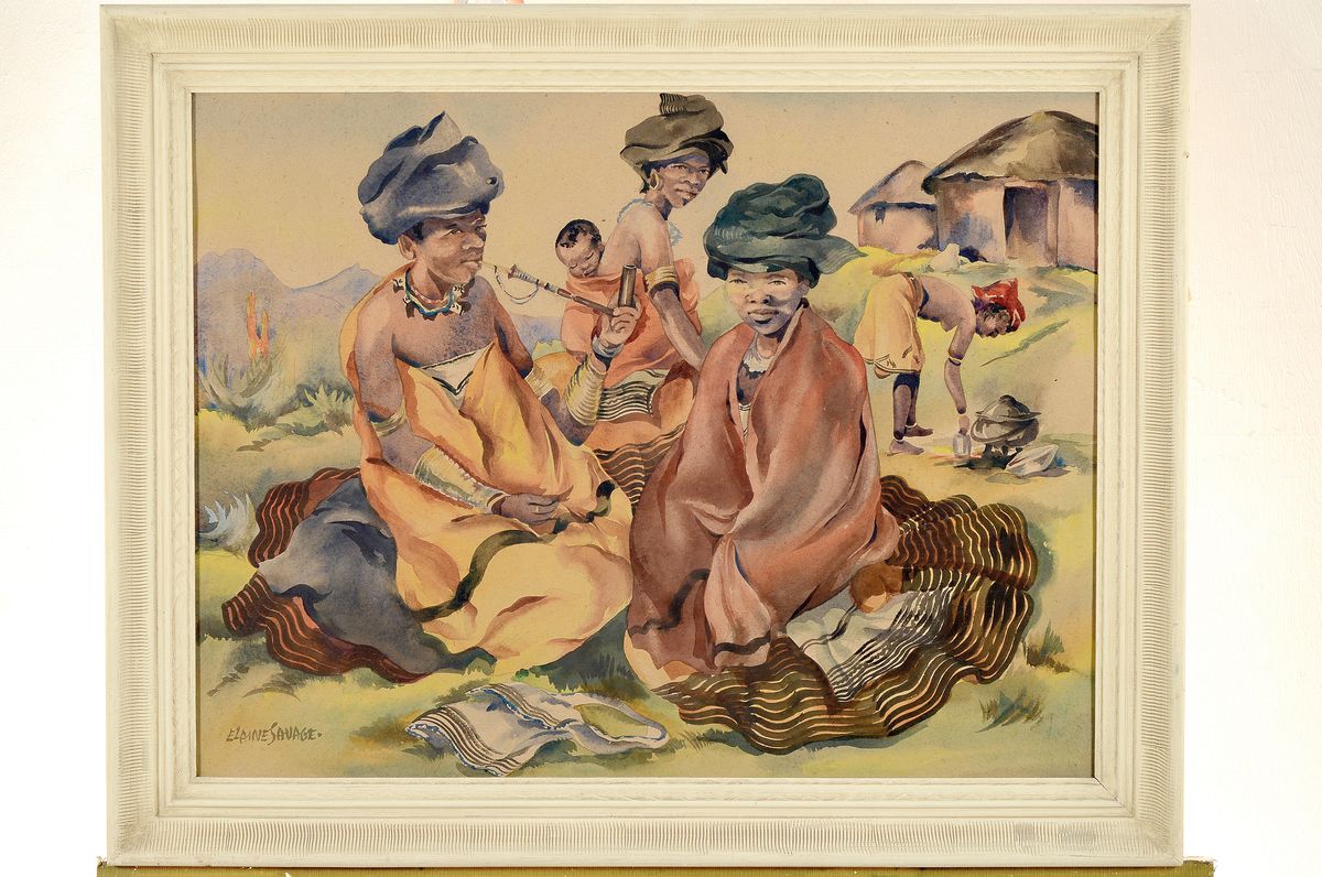 Detail k: Elaine Savage, 1902, Aquarell, Gruppe von Frauen, wohl des afrikanischen Xhosa-Volkes, in traditioneller Kleidung, links unten signiert, Papier l. ...