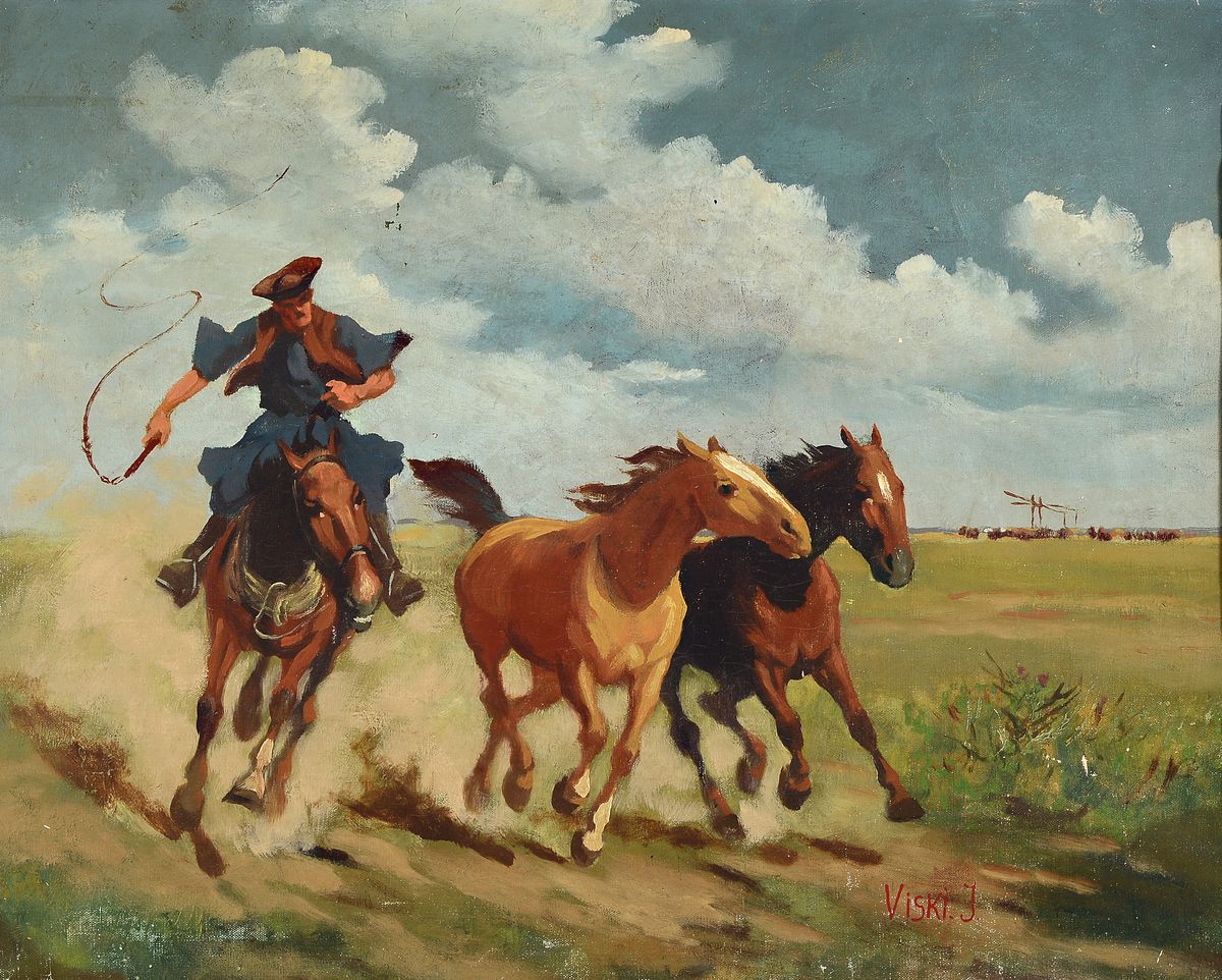 Janos Viski, 1891 Sokolya - 1965 Budapest, Studium an der Akademie Budapest, Pferdehirte in der ungarischen Puszta-Steppe, traditionelles Motiv, ...