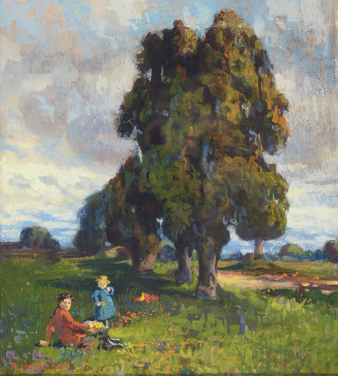 Richard Hendorf, 1861 - 1939 Berlin, Berliner Landschafts- und Interieurmaler, zwei junge Mädchen in einer Blumenwiese vor baumbestandener ...