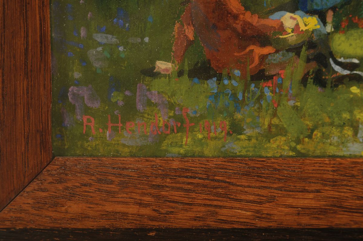 Detail a: Richard Hendorf, 1861 - 1939 Berlin, Berliner Landschafts- und Interieurmaler, zwei junge Mädchen in einer Blumenwiese vor baumbestandener ...