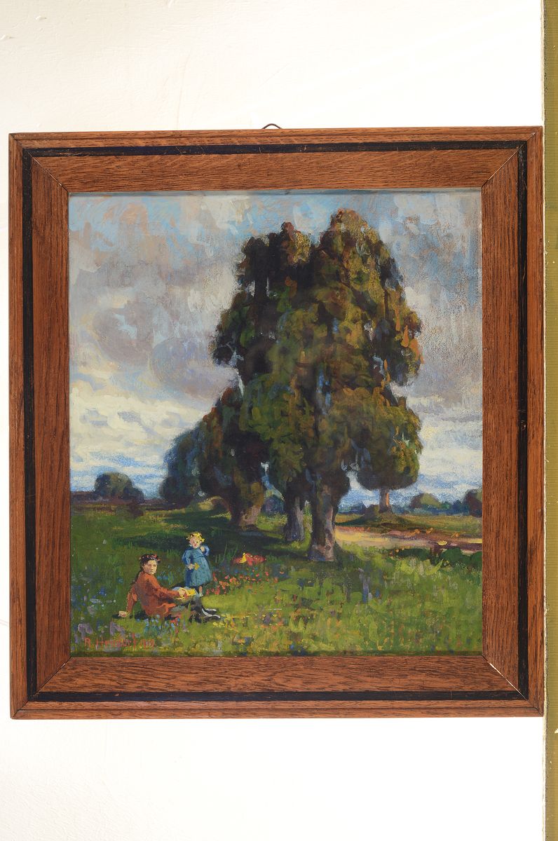 Detail k: Richard Hendorf, 1861 - 1939 Berlin, Berliner Landschafts- und Interieurmaler, zwei junge Mädchen in einer Blumenwiese vor baumbestandener ...